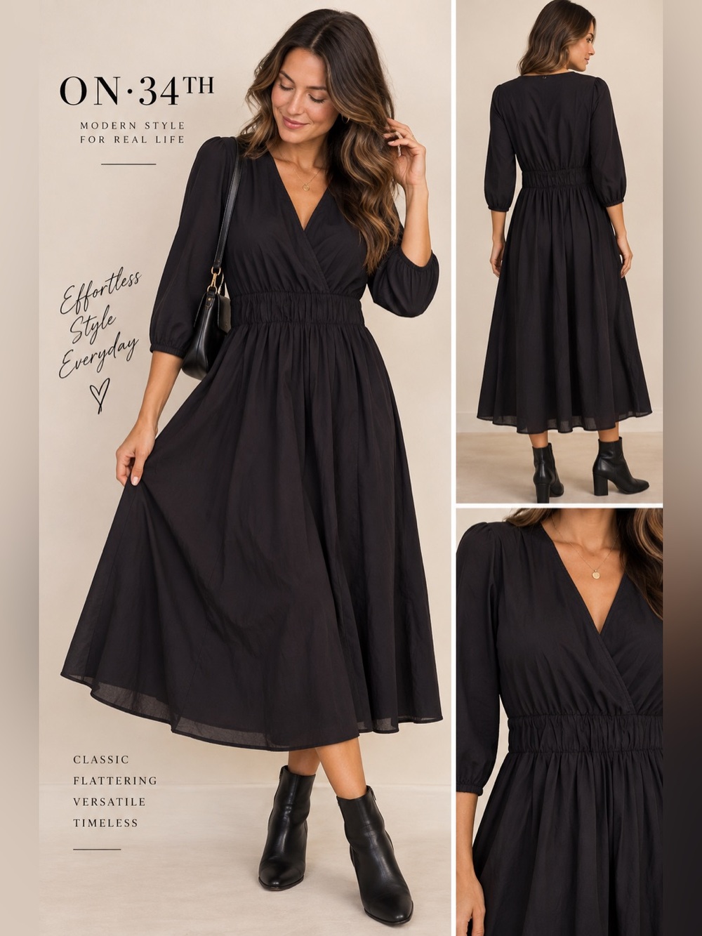 On 34th Black 100% Cotton Midi Dress | Small | Smocked Waist Fall Dress NWOT 🖤